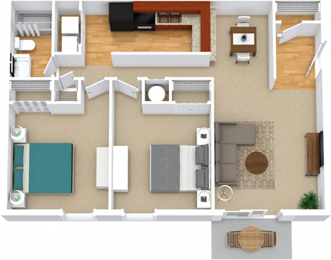 Floor plan for 2 beds, 1 bath, 950 sqft